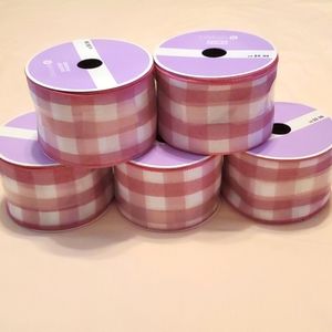 Wired Ribbon. Plaid Pink/White. 5 Rolls.